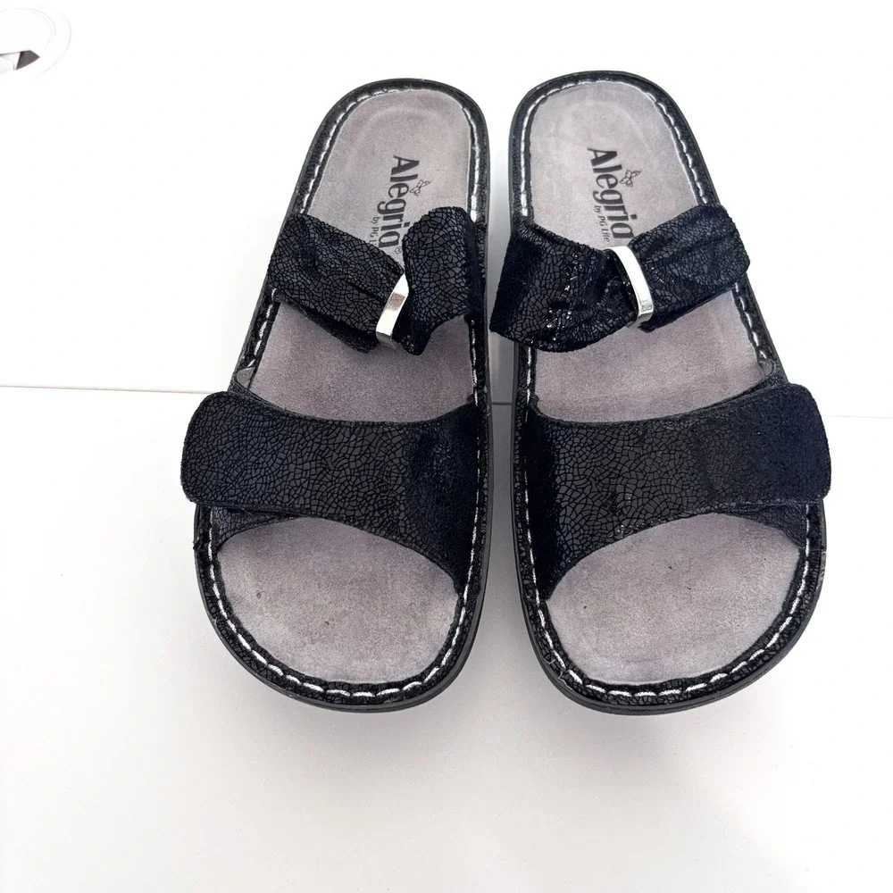 Alegria Karmen Double Strap Leather Slide Sandals Size 41 10.5-11Black Metallic